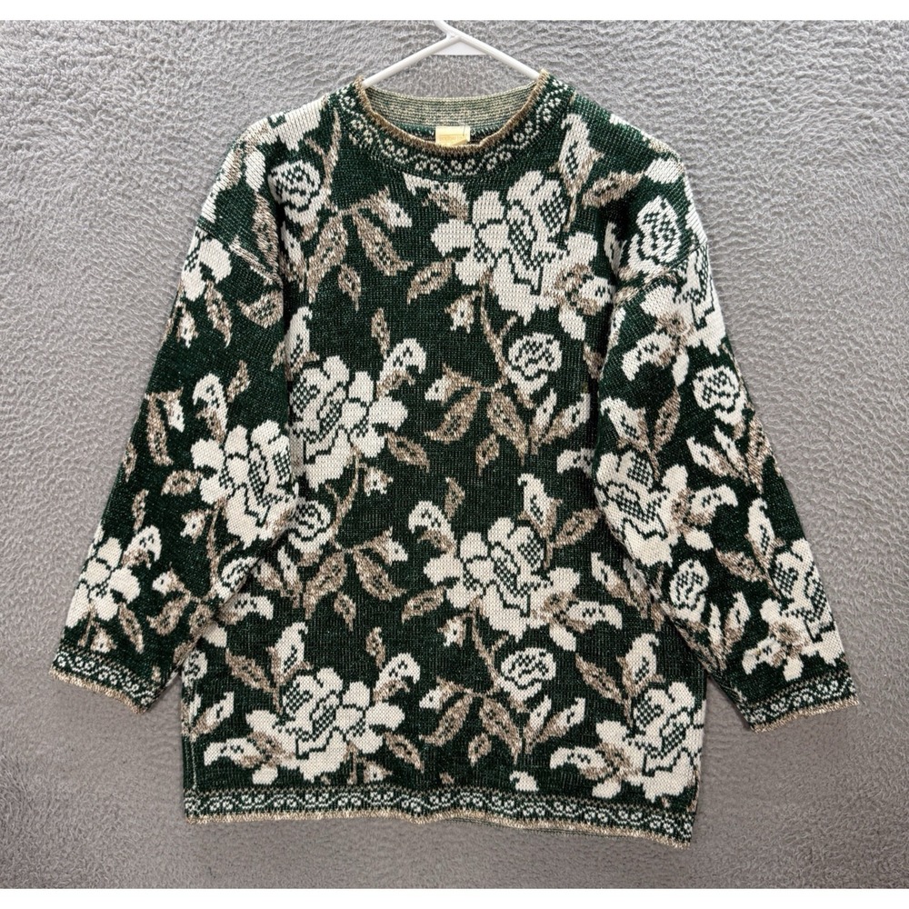 Vintage Holiday‎ Time Sweater Womens Medium Multicolor Floral Knit Shimmer 90s